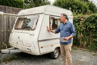 Un particulier examinant une caravane d'occasion blanche garée dans une allée résidentielle, document en main