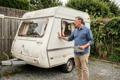 Un particulier examinant une caravane d'occasion blanche garée dans une allée résidentielle, document en main