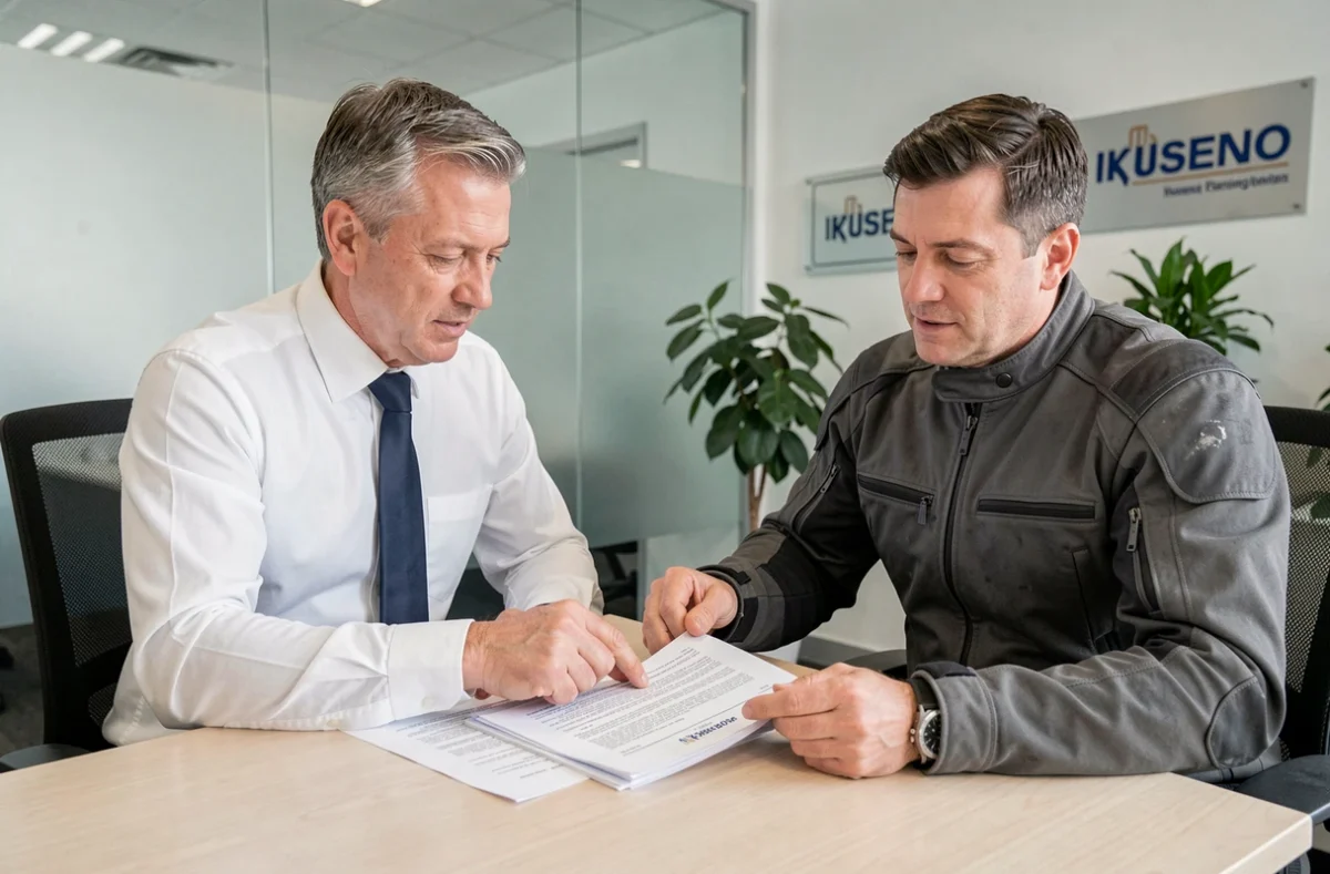 Agent d'assurance présentant un contrat moto à un client dans une agence professionnelle