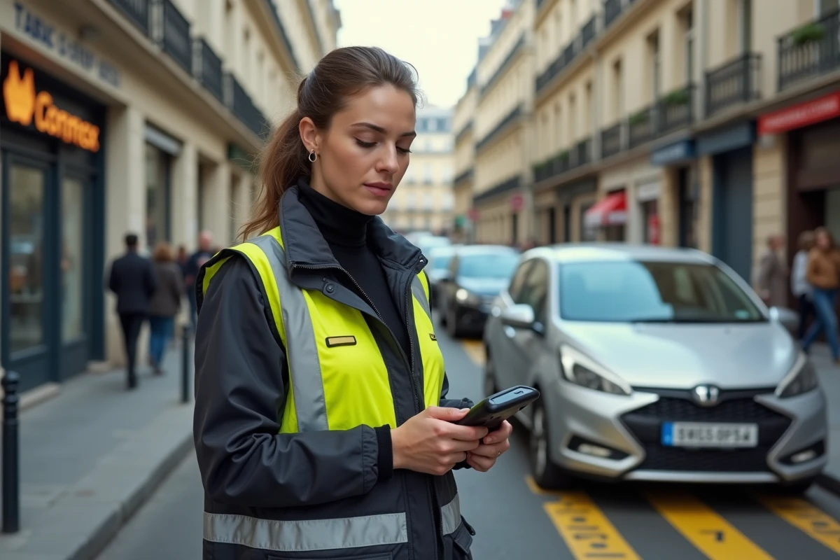Agente de stationnement contrôlant un véhicule garé sur une zone de livraison à Paris avec horodateur électronique