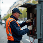 Agent municipal ajustant un feu de circulation à Paris