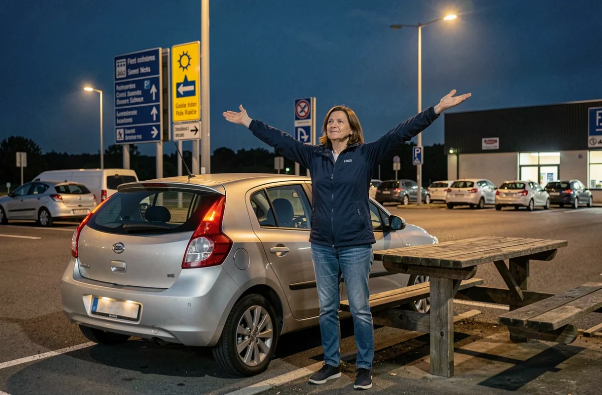 Femme s'étirant à une aire de repos sur une autoroute gratuite française lors d'un long trajet nocturne