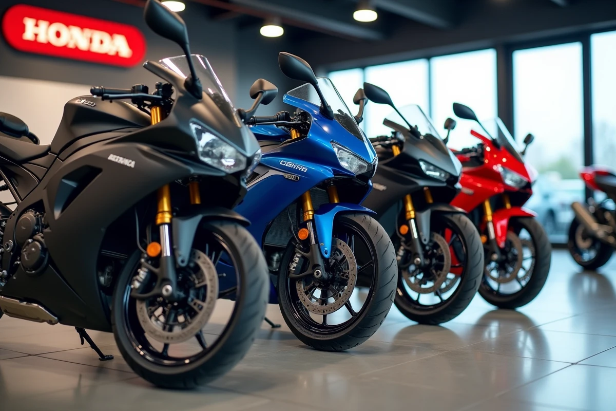 Trois motos naked sportives alignées dans une concession moderne représentant des alternatives à la Honda CB 900, vue frontale en showroom