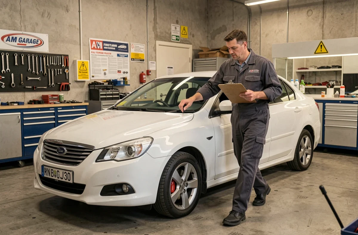 Technicien d'AM Garage dans le Finistère effectuant un contrôle multi-points autour d'une berline blanche