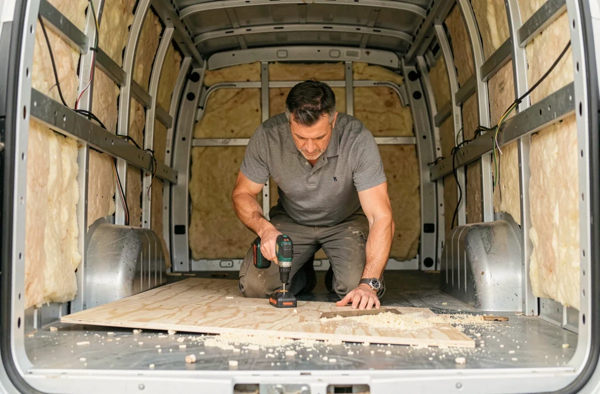 Artisan installant un plancher en bois à l'intérieur d'un van en cours d'aménagement professionnel
