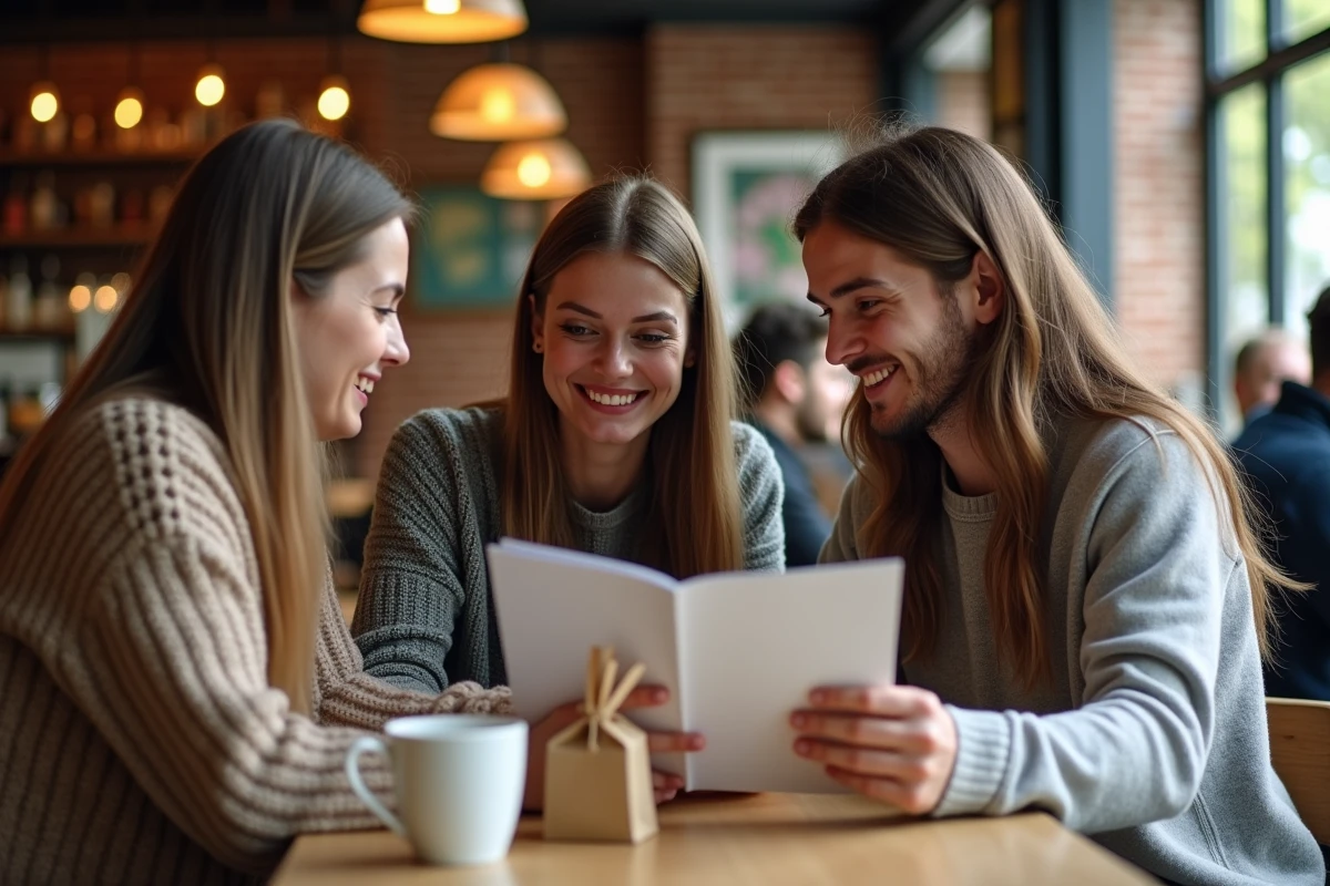 Groupe d'amis fêtant l'obtention du permis de conduire autour d'un café avec un cadeau