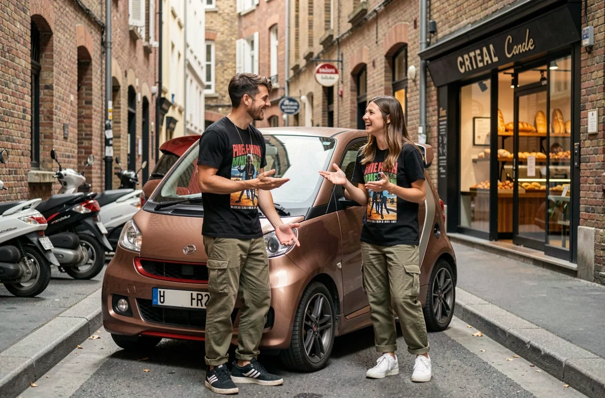 Deux jeunes amis en train de discuter à côté d'une voiture sans permis JDM en milieu urbain