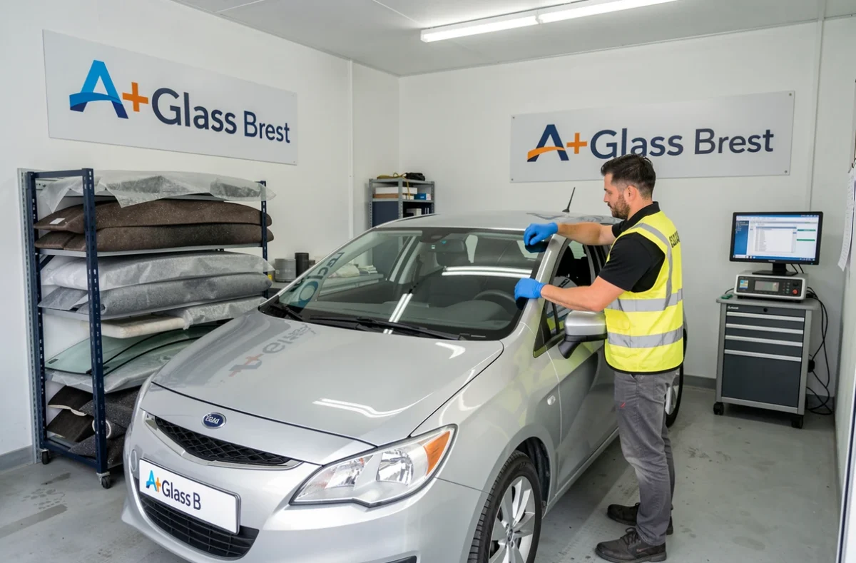 Technicien d'A+Glass Brest posant un nouveau pare-brise sur une voiture dans un atelier de vitrage express