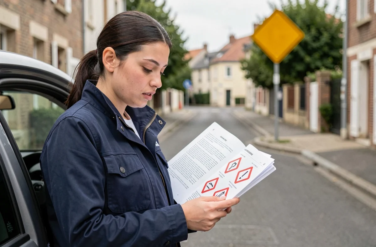 Jeune conductrice consultant un manuel du code de la route avec un panneau losange jaune visible en arrière-plan dans une rue française