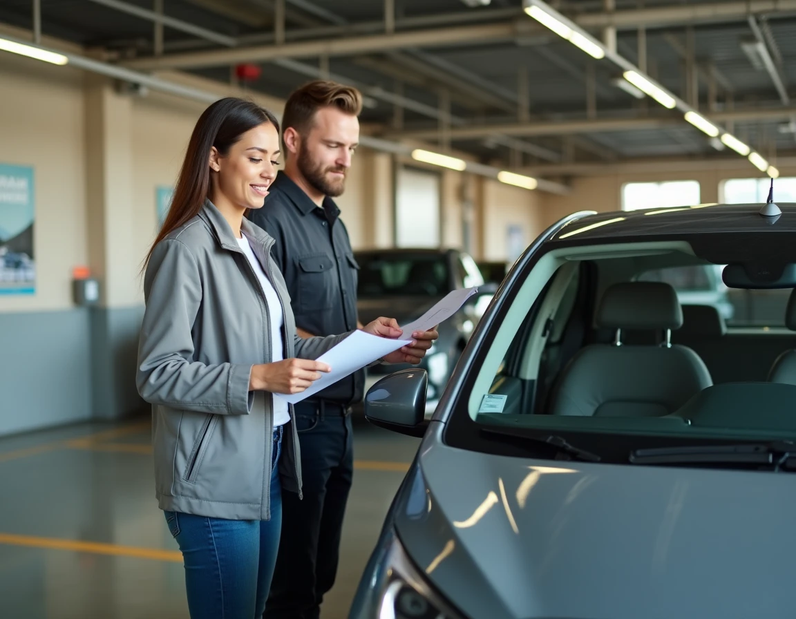 Automobiliste remettant ses documents de carte grise à un employé de garage automobile