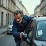 Automobiliste regardant la vignette Crit'Air collée sur son pare-brise dans une rue de Rennes