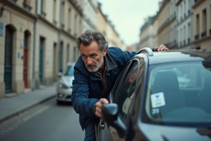 Automobiliste regardant la vignette Crit'Air collée sur son pare-brise dans une rue de Rennes