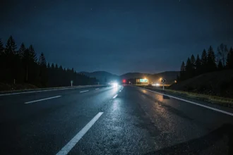 Autoroute française gratuite de nuit avec route vide s'étendant à l'horizon sous un ciel bleu nuit