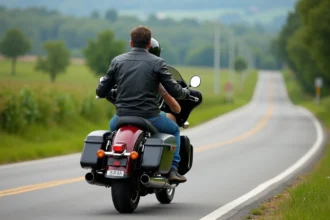 Homme et femme en moto sur route de campagne paisible