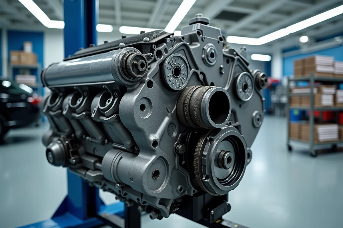 Gros plan du bloc moteur diesel BMW B47 sur stand de réparation en atelier