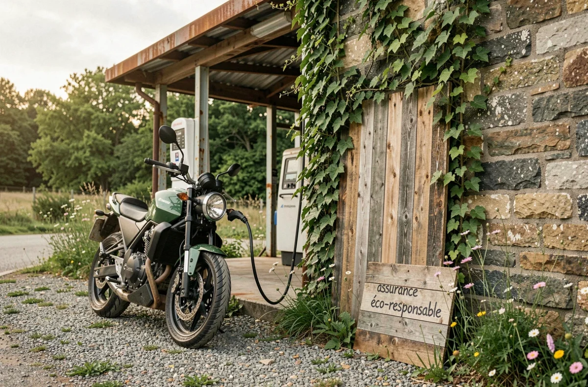 Station de recharge pour moto électrique dans une ancienne station-service verdoyante, illustration d'une mobilité moto éco-responsable