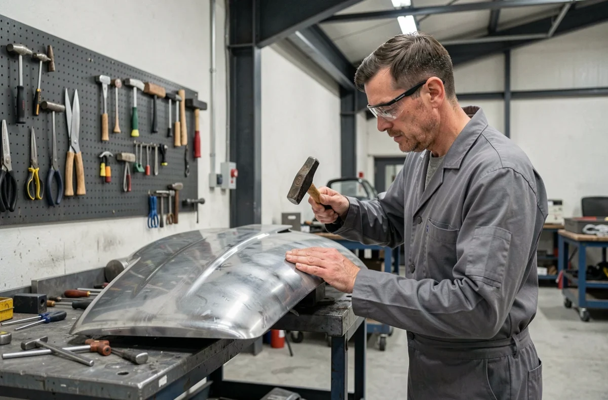 Technicien en tôlerie de Breizh Carrosserie à Brest façonnant une portière de voiture à la main