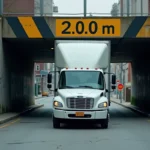 Camion de livraison approchant d'un pont avec une limitation de hauteur à 2 mètres signalée en jaune et noir