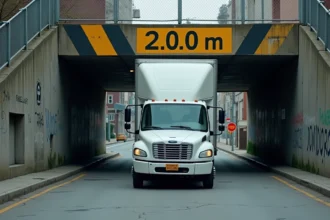 Camion de livraison approchant d'un pont avec une limitation de hauteur à 2 mètres signalée en jaune et noir