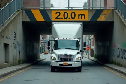 Camion de livraison approchant d'un pont avec une limitation de hauteur à 2 mètres signalée en jaune et noir