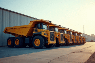 Camions bennes de différentes tailles dans une cour industrielle
