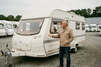 Homme inspectant une caravane d'occasion blanche dans un parc de vente de véhicules de loisirs d'occasion