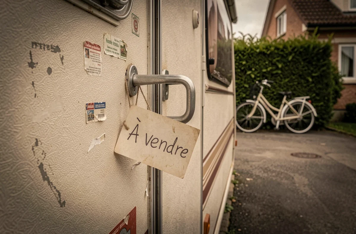 Gros plan sur la porte d'une caravane d'occasion avec une étiquette de prix à vendre chez un particulier