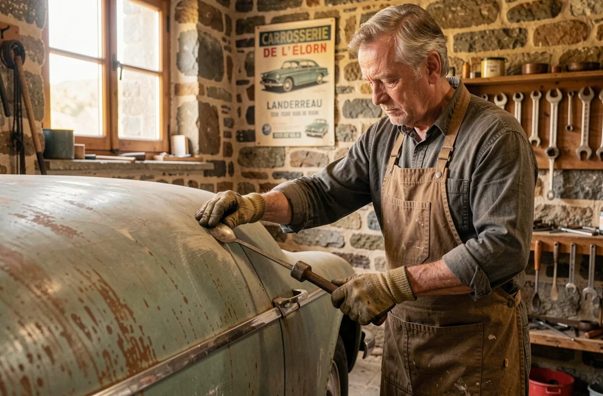 Technicien de la Carrosserie de l'Élorn près de Landerneau restaurant la carrosserie d'un véhicule ancien des années 1970