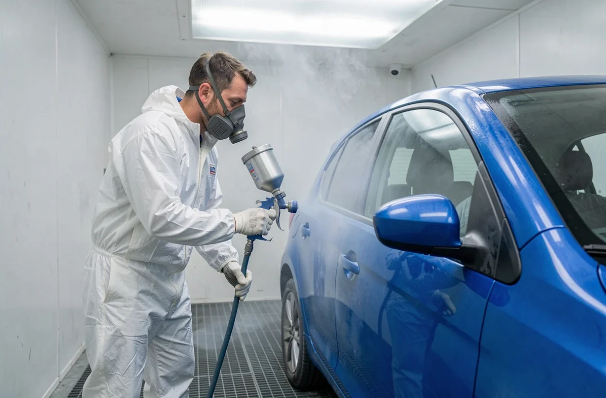 Peintre de la Carrosserie Penn Ar Bed à Brest appliquant de la peinture à la bombe dans une cabine de peinture professionnelle