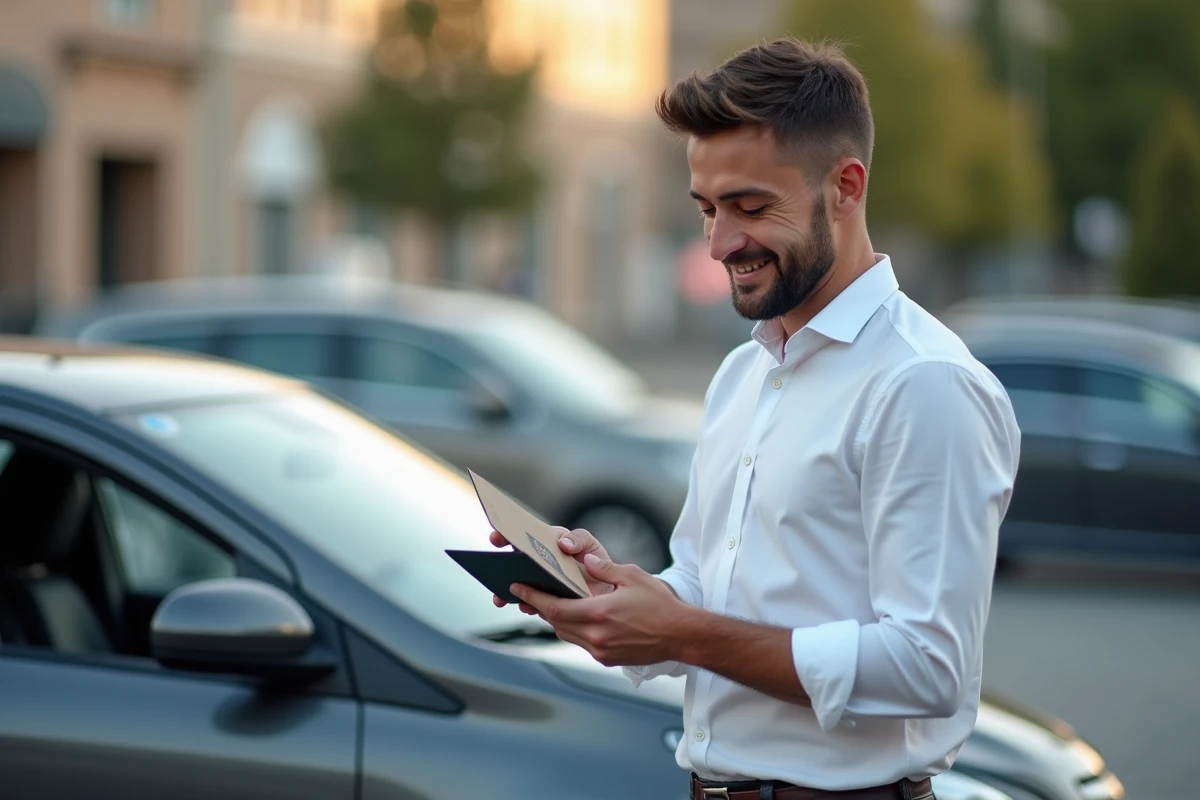 Homme tenant une carte cadeau permis de conduire devant une voiture en ville