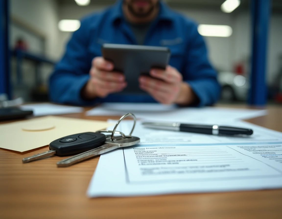 Carte grise et clés de voiture posées sur un bureau de garage avec des documents administratifs