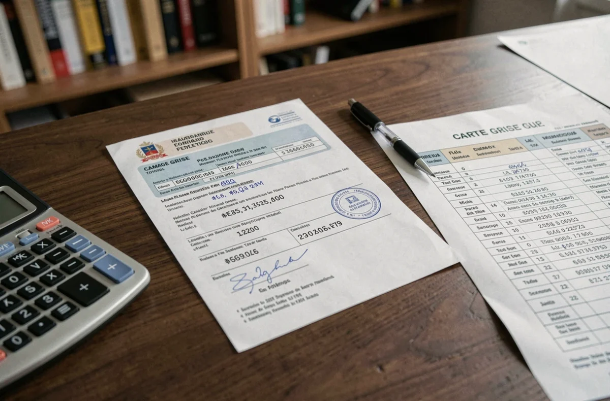 Carte grise et tableau des tarifs par chevaux fiscaux posés sur un bureau avec calculatrice