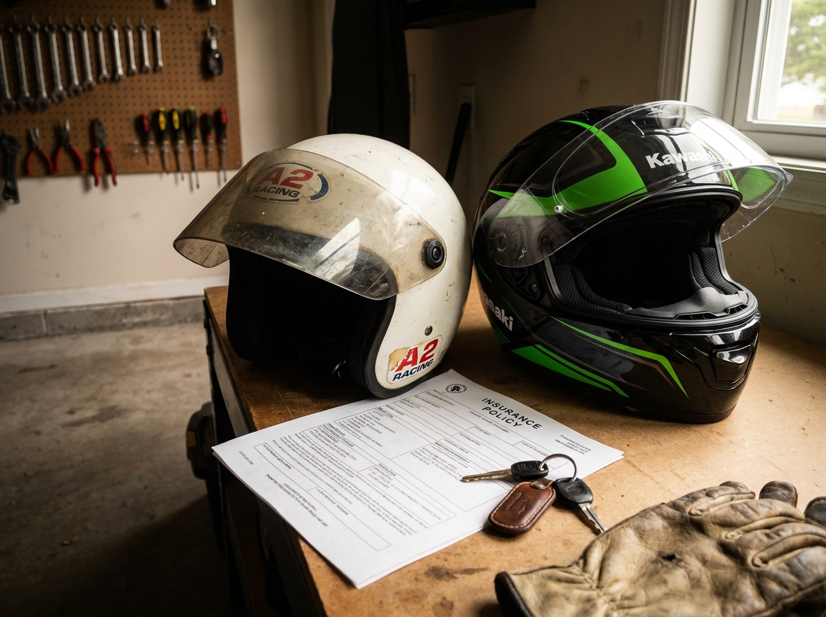 Deux casques moto côte à côte dans un garage représentant la transition du permis A2 vers le permis A et le changement d'assurance