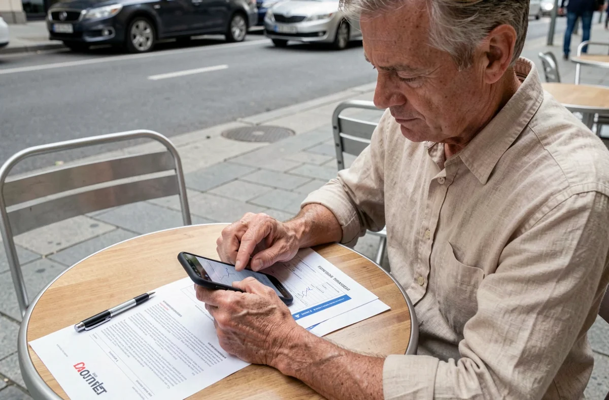 Homme complétant un certificat de cession véhicule sur smartphone avec documents papier en terrasse