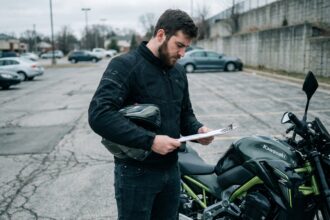 Motard tenant des documents d'assurance moto à côté d'une Kawasaki Z900, illustrant le changement d'assurance lors du passage du permis A2 au permis A
