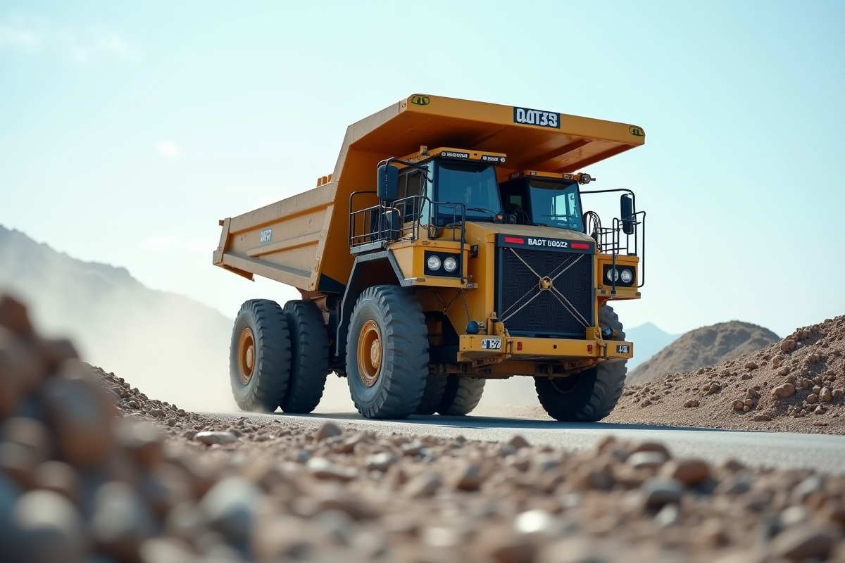 Camion benne déchargeant gravier sur un chantier vu en contrebas