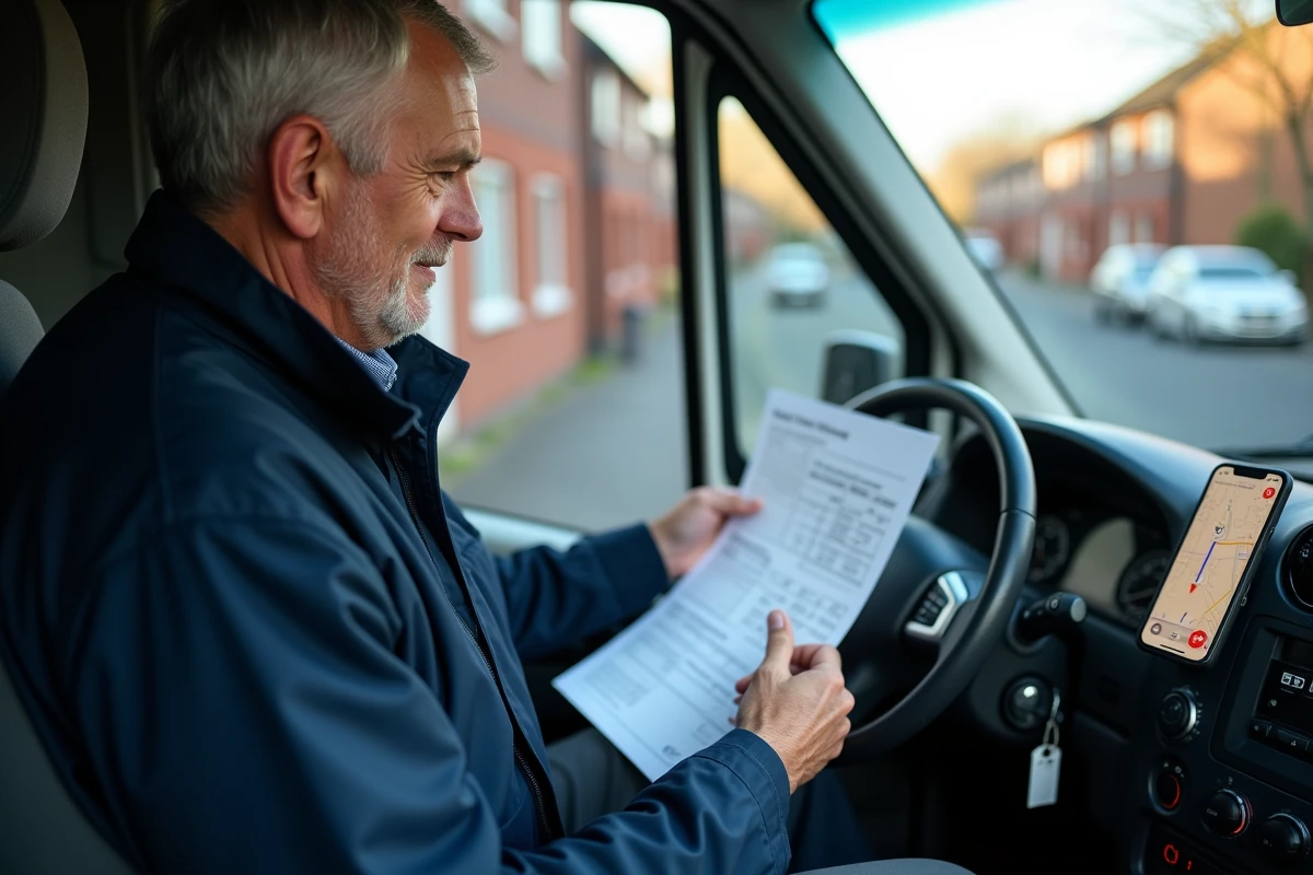 Chauffeur de camionnette consultant une carte GPS avec alerte de limitation de hauteur avant de prendre la route