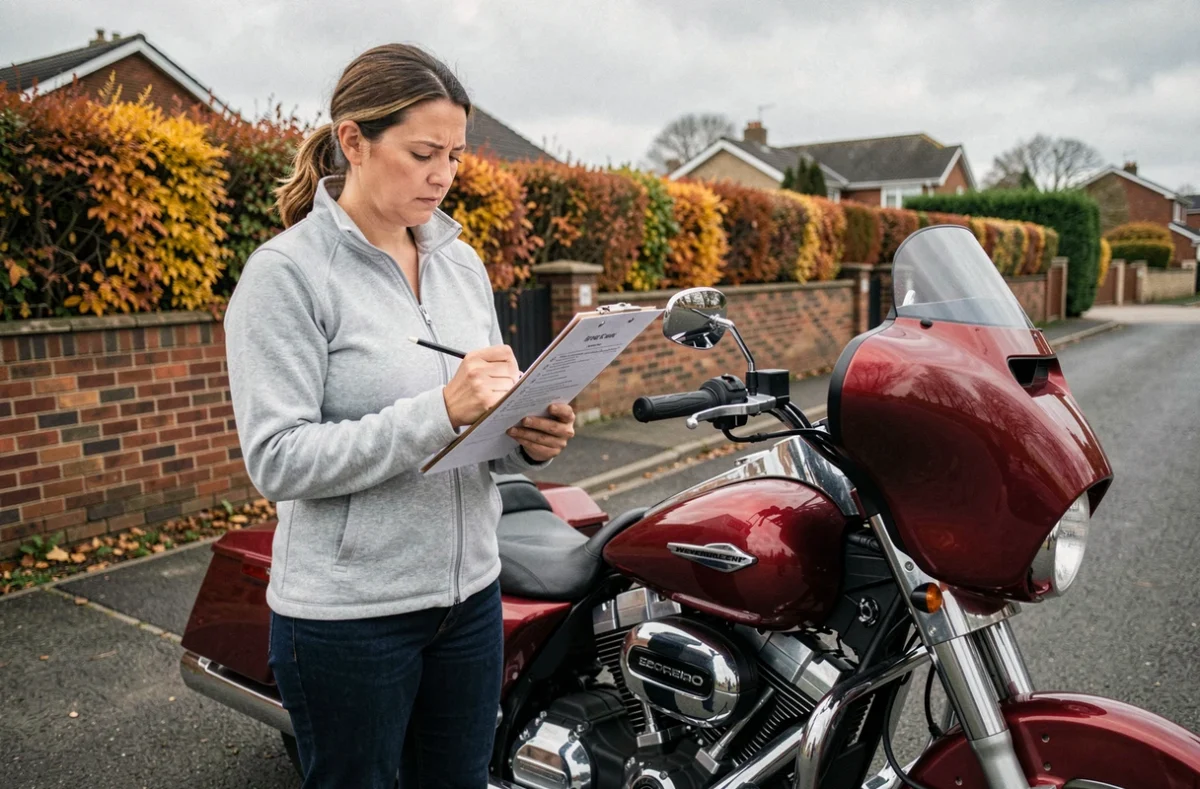 Femme vérifiant une check-list avant la vente d'une moto soumise au contrôle technique