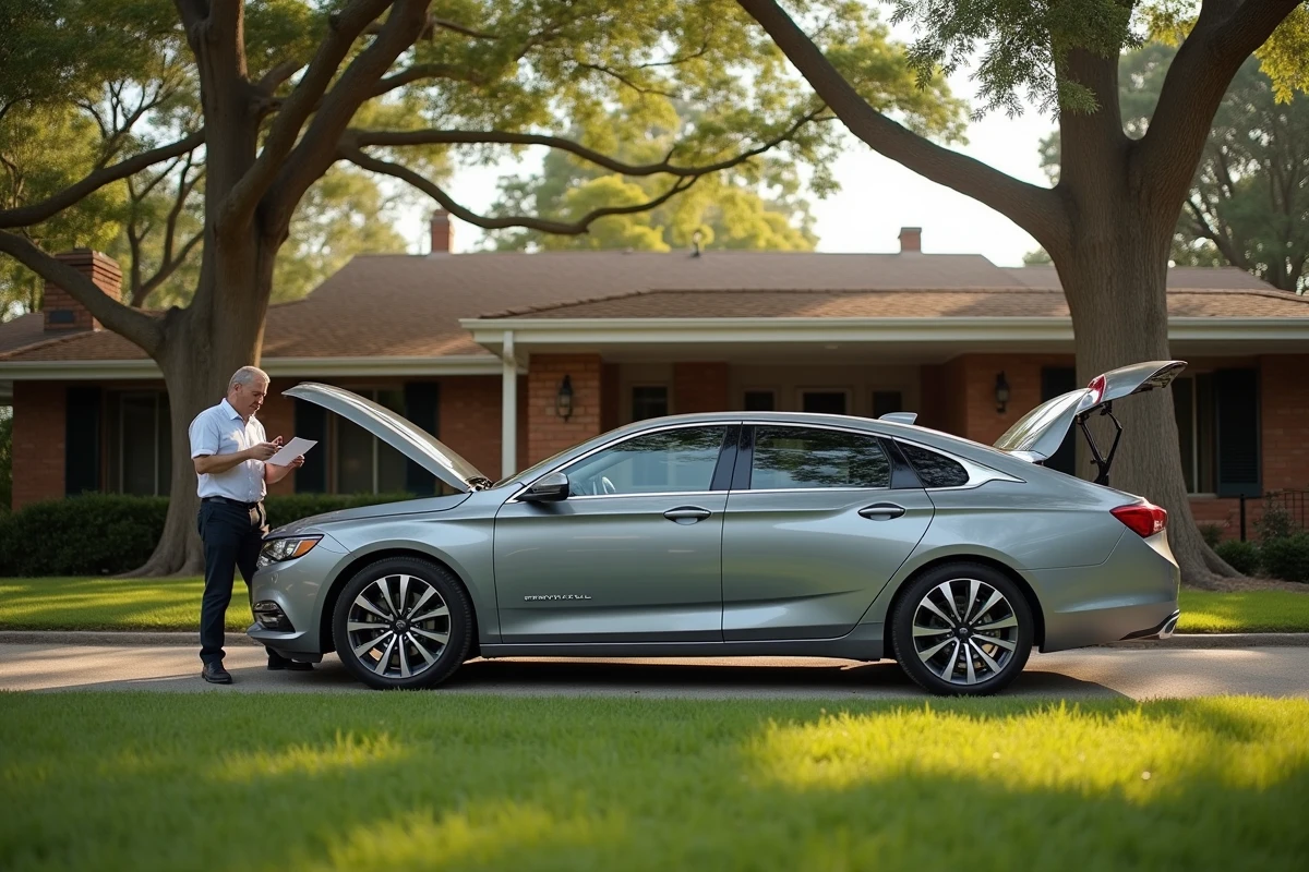 Homme adulte debout près d'une Chevrolet Impala grise moderne devant une maison américaine de banlieue avec pelouse verte