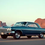 Chevrolet Impala bleue métallisée garée sur une route désertique américaine avec des formations rocheuses en arrière-plan