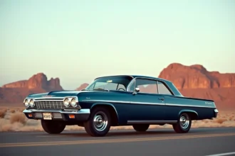 Chevrolet Impala bleue métallisée garée sur une route désertique américaine avec des formations rocheuses en arrière-plan
