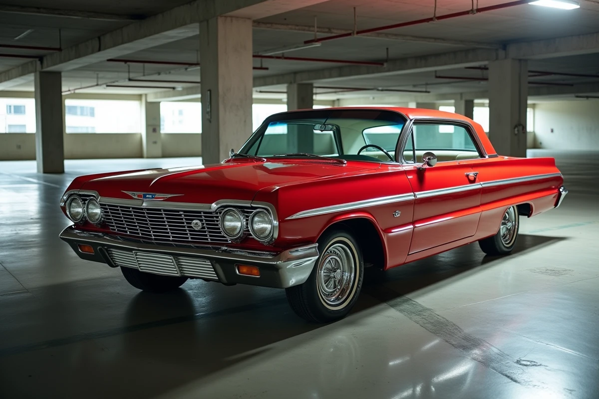 Chevrolet Impala SS rouge des années 60 en intérieur de parking urbain avec carrosserie brillante et intérieur en vinyle blanc