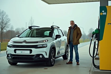 Citroën C3 Aircross faisant le plein d'E85 bioéthanol dans une station-service française