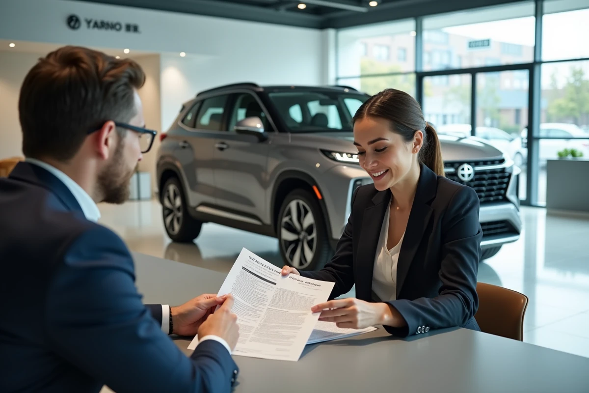 Cliente et conseiller commercial examinant un contrat de garantie constructeur dans un showroom de marque chinoise