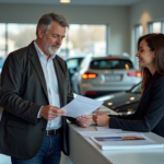 Homme lisant un certificat de nongage au concessionnaire