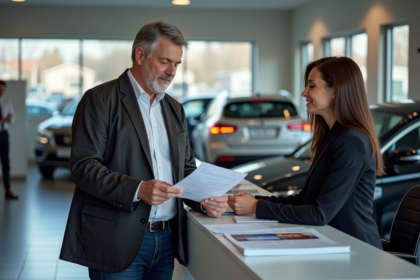 Homme lisant un certificat de nongage au concessionnaire