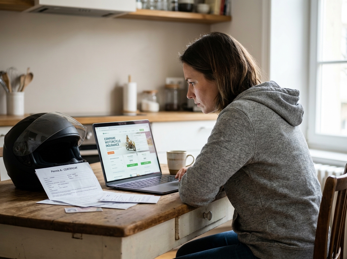 Femme comparant des offres d'assurance moto sur ordinateur portable avec son permis A et un casque posés sur la table