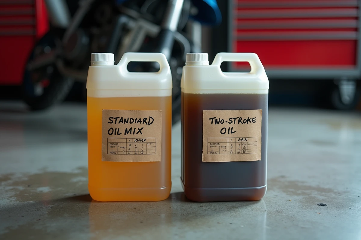 Deux bidons de mélange deux-temps côte à côte dont un avec huile biodégradable dans un garage