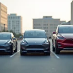 Comparaison de gabarits automobiles : citadine, berline Tesla et SUV côte à côte dans un parking urbain