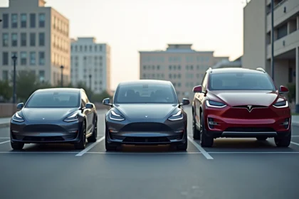 Comparaison de gabarits automobiles : citadine, berline Tesla et SUV côte à côte dans un parking urbain